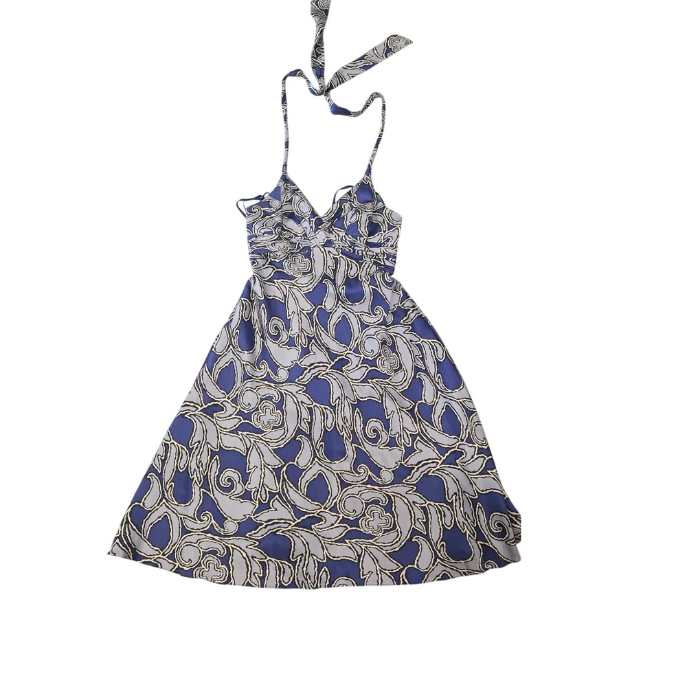 Jones New York 100% Silk Halter Dress Blue Grey Scroll Print Ruched Waist 4